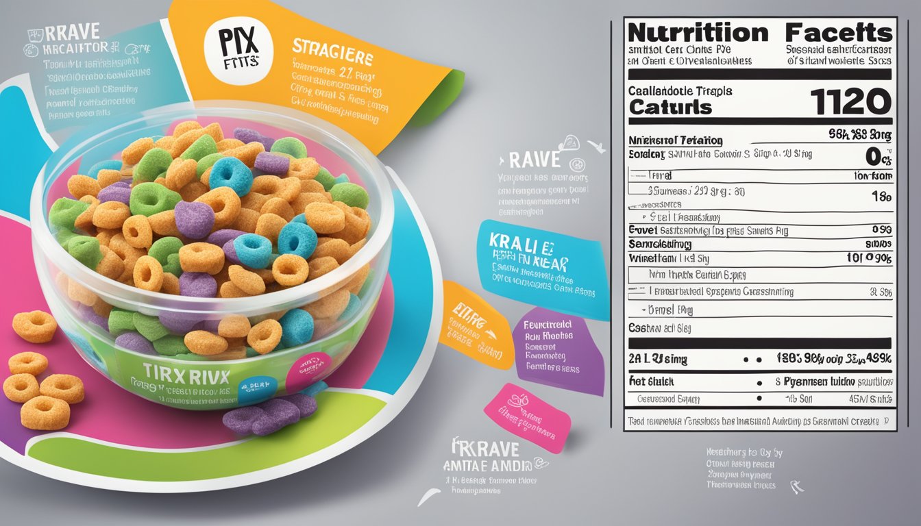 A bowl of Krave and Trix cereal side by side, surrounded by nutritional information labels