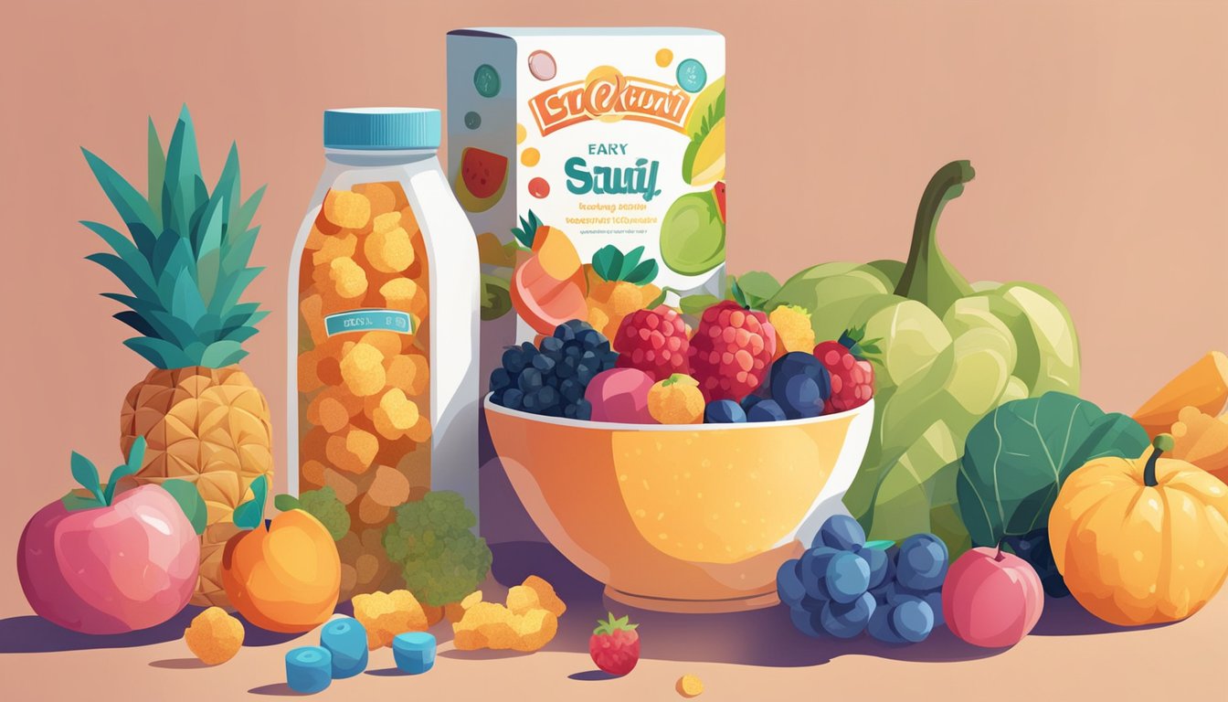 A bowl of colorful fruits and vegetables next to a box of sugary cereal