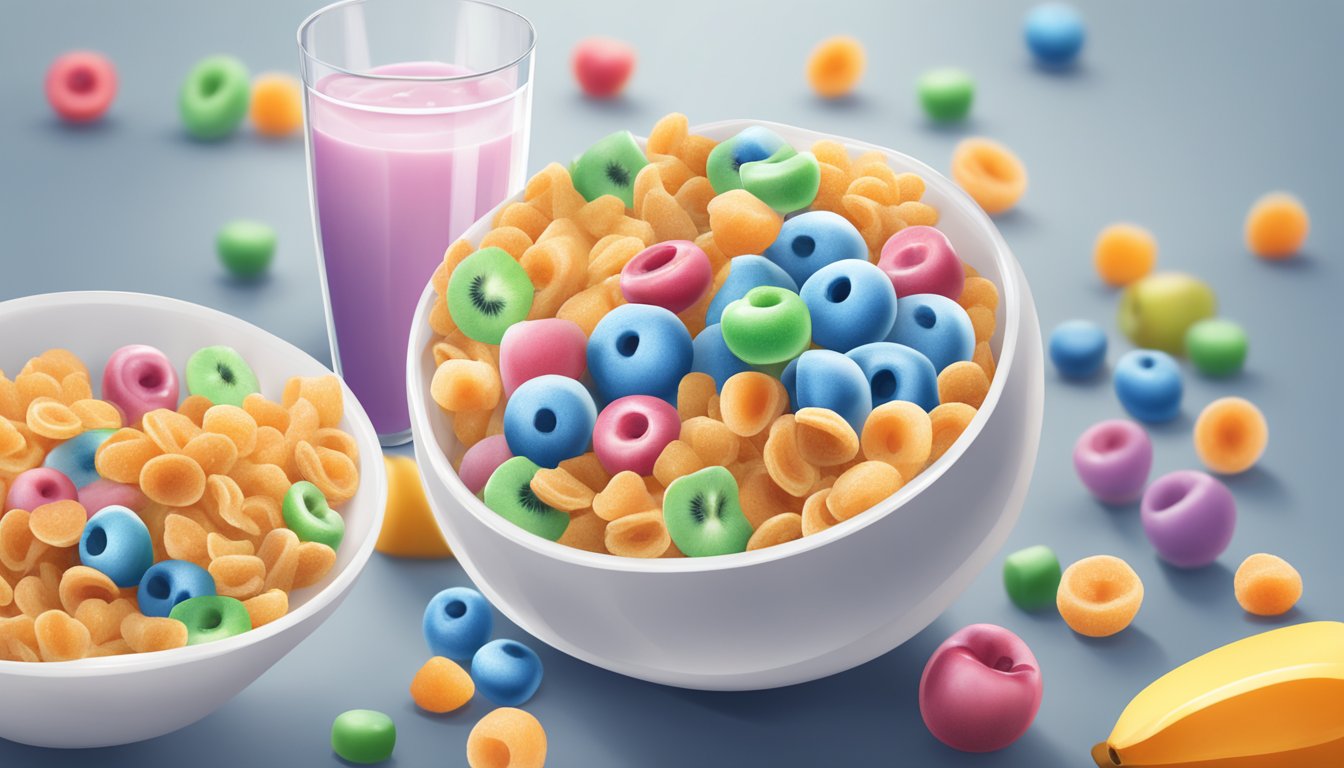 A bowl of Krave and Trix cereal next to each other, surrounded by fresh fruit and a glass of milk