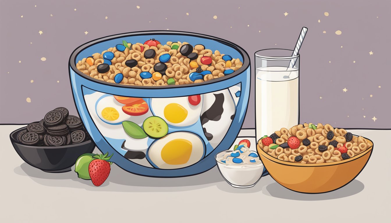 A bowl of Kaboom cereal next to a bowl of Oreo O's cereal, surrounded by various fruits and a glass of milk