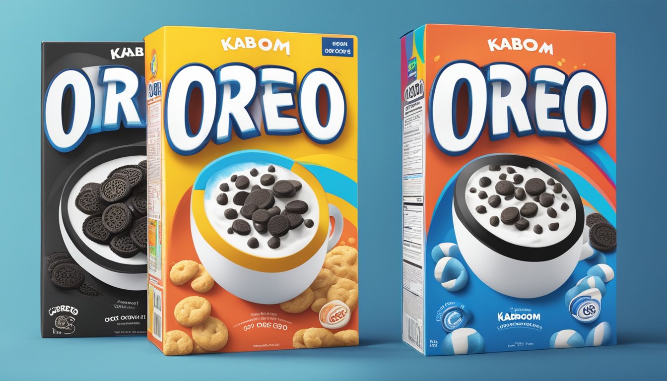 Two cereal boxes side by side, one labeled "Kaboom" with bright, bold colors, and the other labeled "Oreo Os" with the iconic Oreo logo