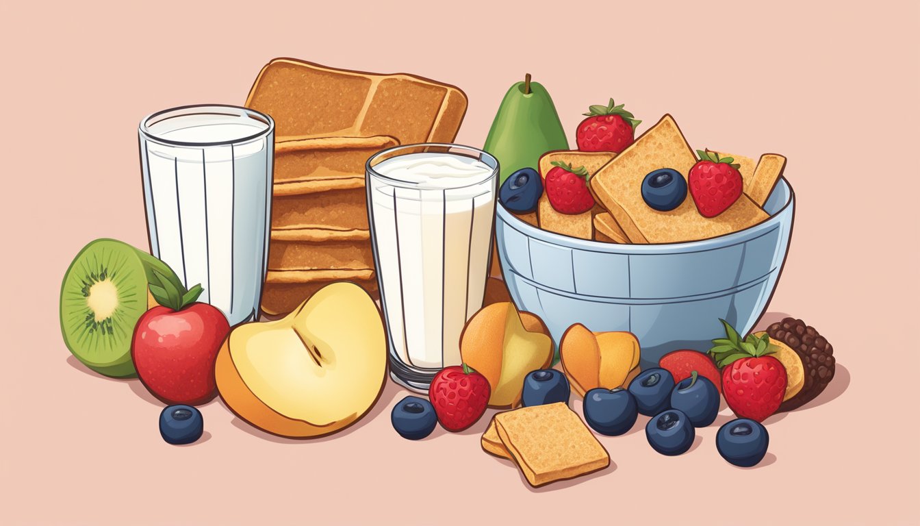 A bowl of Crispix and French Toast Crunch side by side, surrounded by a variety of fruits and a glass of milk