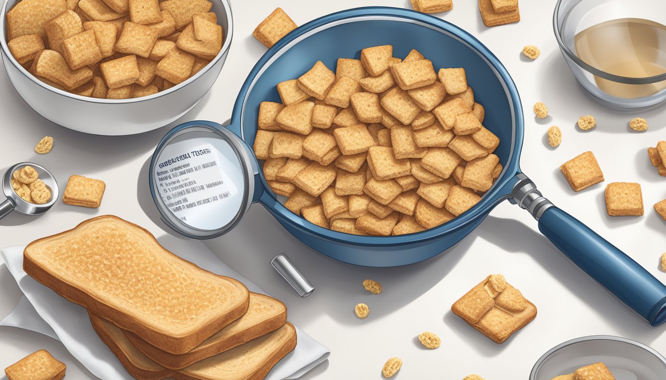 A bowl of Crispix and French Toast Crunch cereal with nutrition labels and a magnifying glass for ingredient analysis