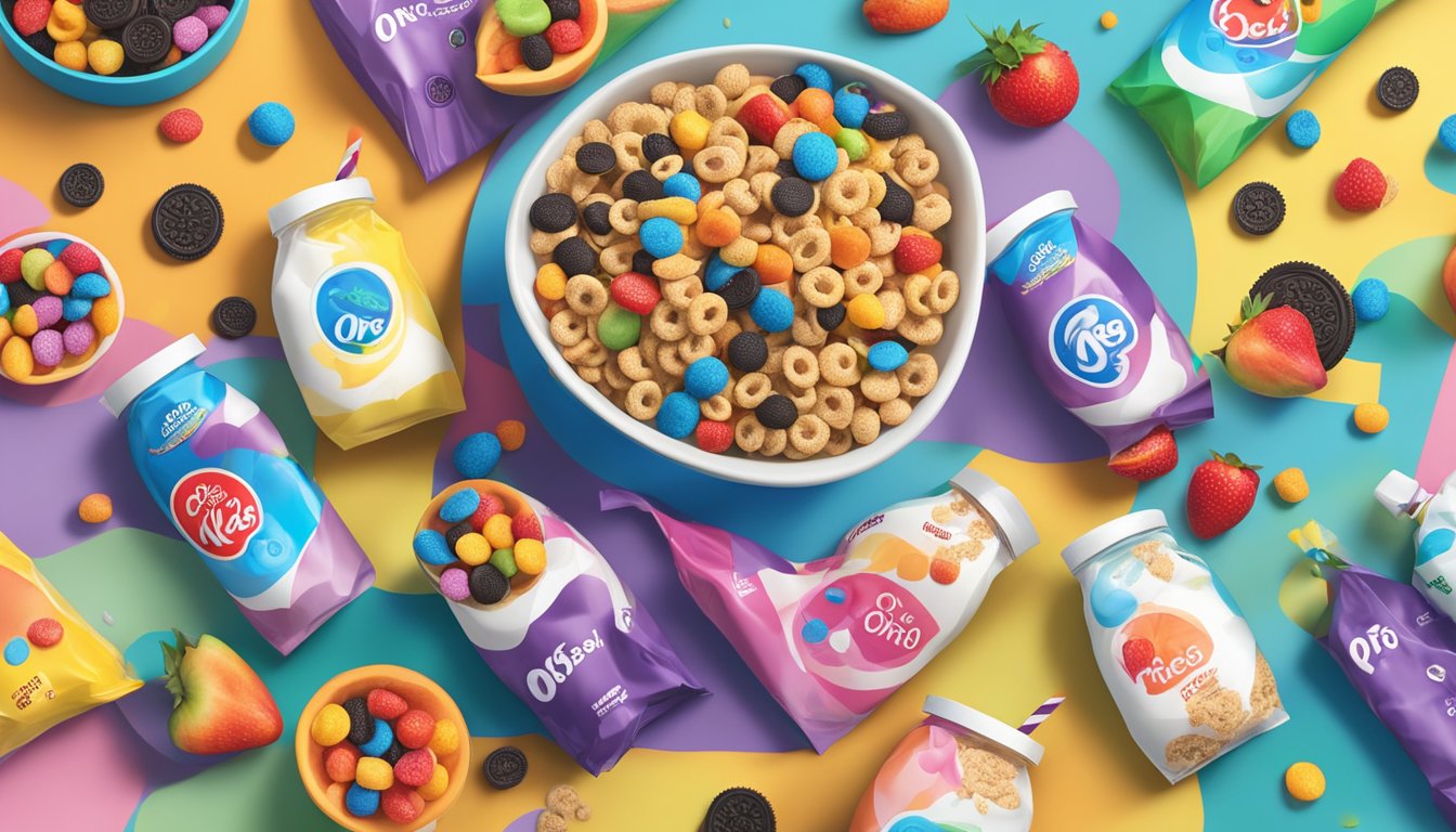 A bowl of Kaboom cereal next to a bowl of Oreo O's, surrounded by colorful packaging and a variety of fruits and milk