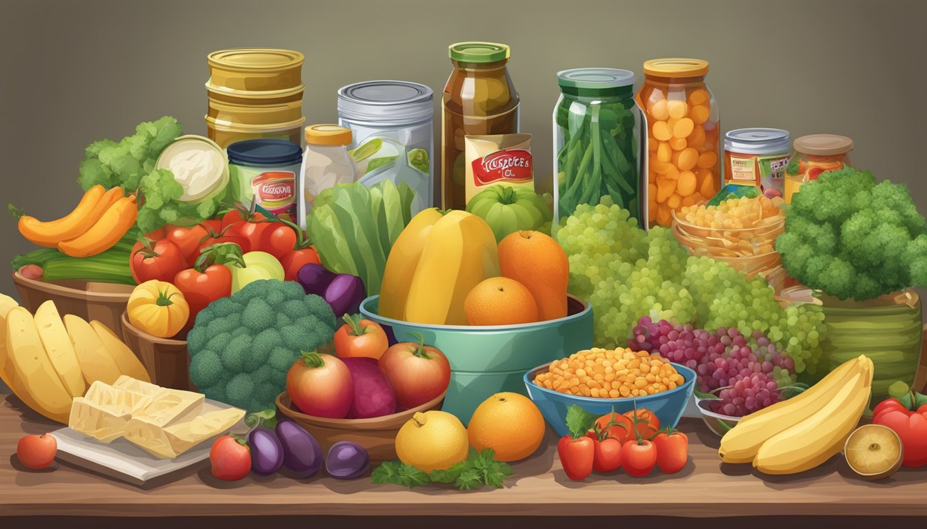 A table with a variety of food items: fresh fruits and vegetables, canned goods, and packaged snacks