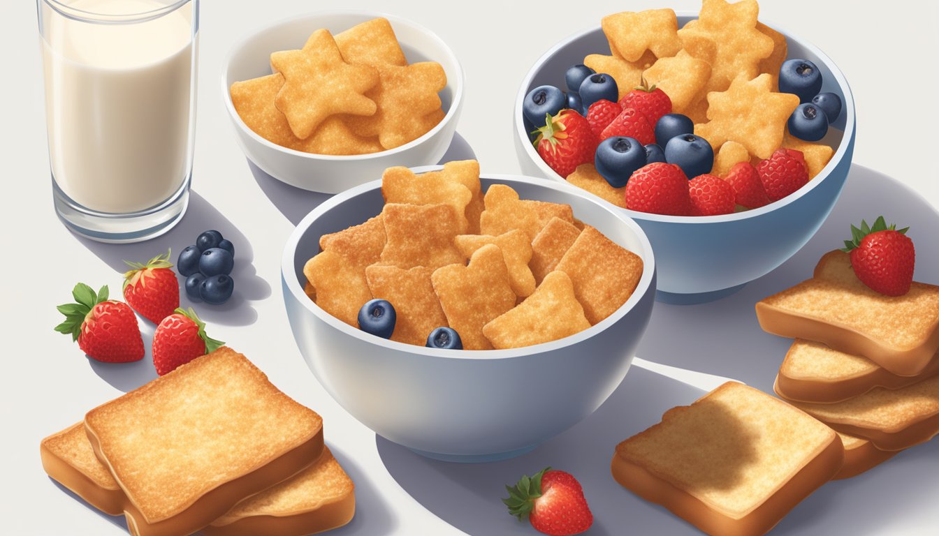 A bowl of Crispix and a bowl of French Toast Crunch sit side by side on a table, surrounded by fresh fruits and a glass of milk