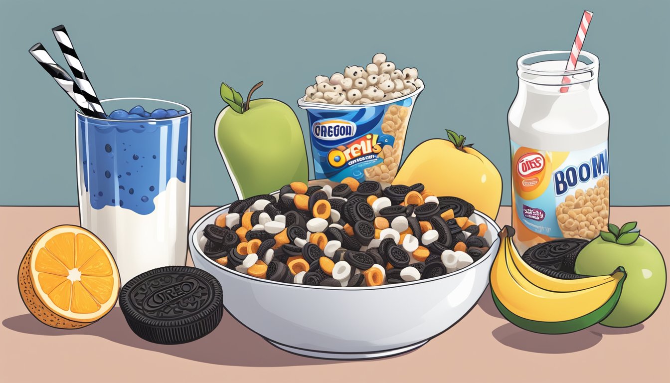 A bowl of Nutritional Advancements kaboom cereal next to a bowl of Oreo O's, surrounded by various fruits and a glass of milk