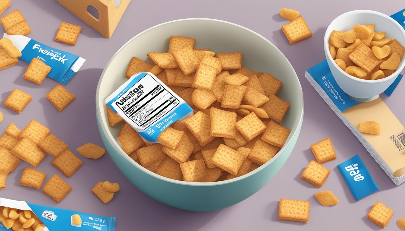 A bowl of Crispix and French Toast Crunch side by side, with a measuring tape and a nutrition label nearby