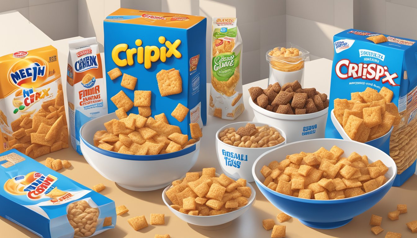 A bowl of Crispix and French Toast Crunch side by side, surrounded by various cereal boxes and milk cartons