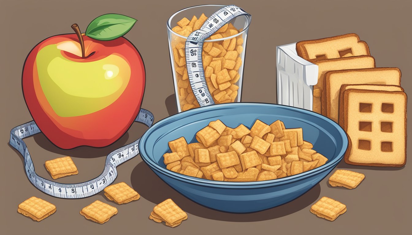 A bowl of Crispix and French Toast Crunch cereal next to a measuring tape and apple, suggesting a comparison of healthiness