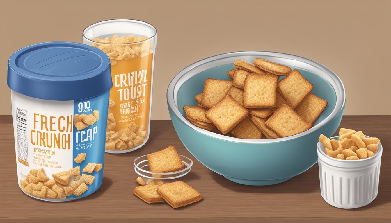 A bowl of Crispix and a bowl of French Toast Crunch sit side by side, surrounded by measuring cups and nutrition labels