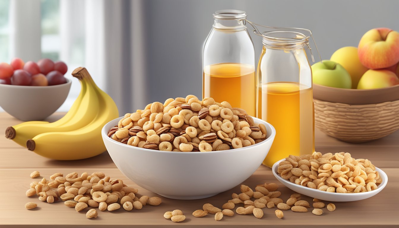 A bowl of Honey Nut Cheerios and a bowl of Post Grape Nuts Flakes surrounded by various fruits and nuts, with a measuring tape and nutrition labels nearby