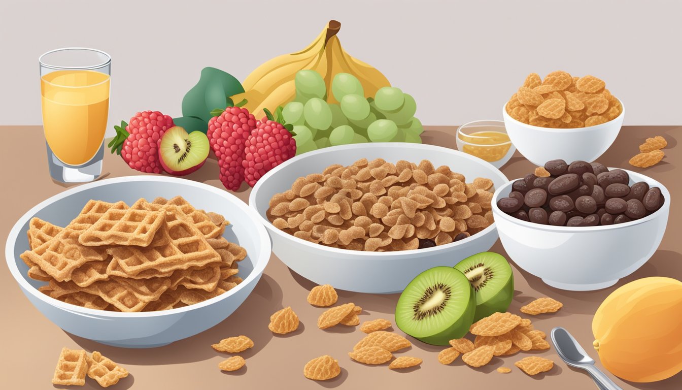 A bowl of raisin bran cereal next to a bowl of waffle crisp, surrounded by various fruits and a glass of milk