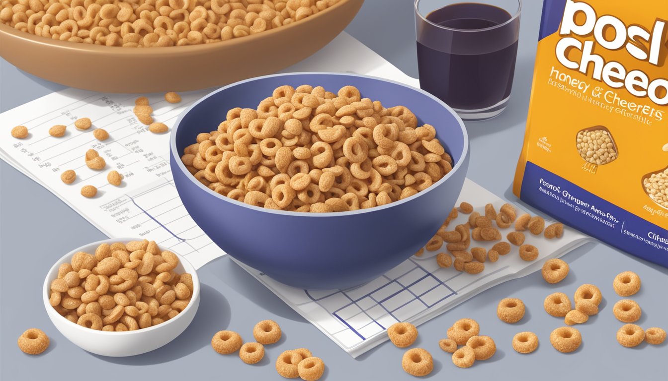 A bowl of Honey Nut Cheerios next to a bowl of Post Grape Nuts Flakes, surrounded by nutritional information and images of healthy ingredients