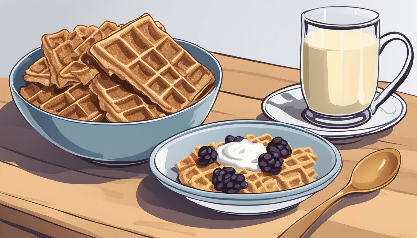 A bowl of raisin bran and a bowl of waffle crisp side by side, surrounded by fresh fruits and a glass of milk