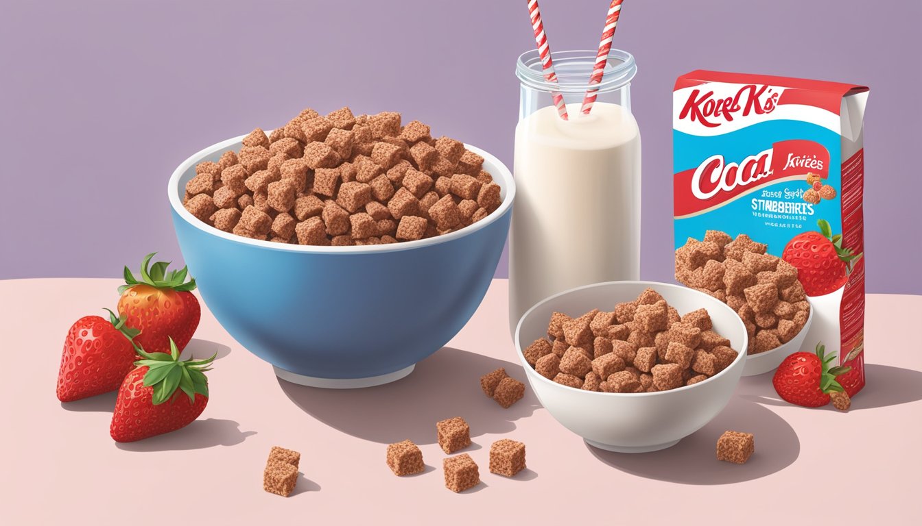 A bowl of Cocoa Krispies and Special K cereal next to each other, surrounded by milk cartons and fresh strawberries