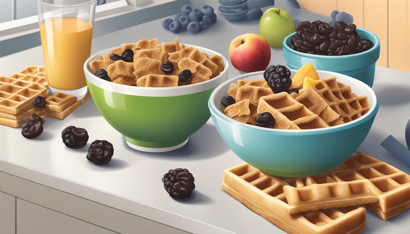 A bowl of raisin bran cereal and a box of waffle crisp next to each other on a kitchen counter, surrounded by various fruits and a glass of milk