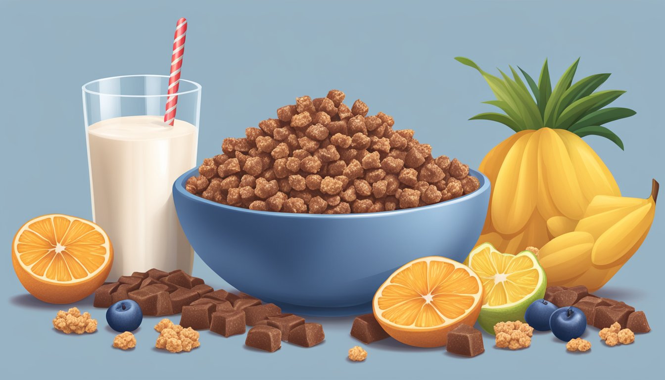 A bowl of Cocoa Krispies next to a bowl of Special K, surrounded by various fruits and a glass of milk