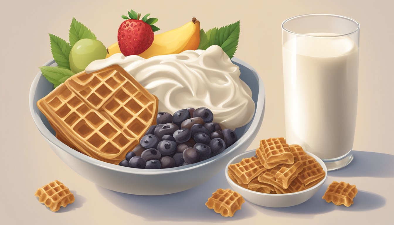 A bowl of raisin bran and a bowl of waffle crisp side by side, surrounded by various fruits and a glass of milk