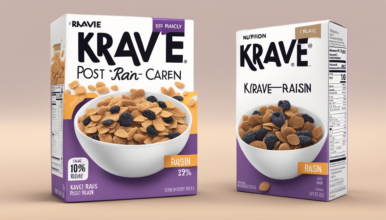 A bowl of Krave and Post Raisin Bran cereal side by side, with a nutrition label next to each box