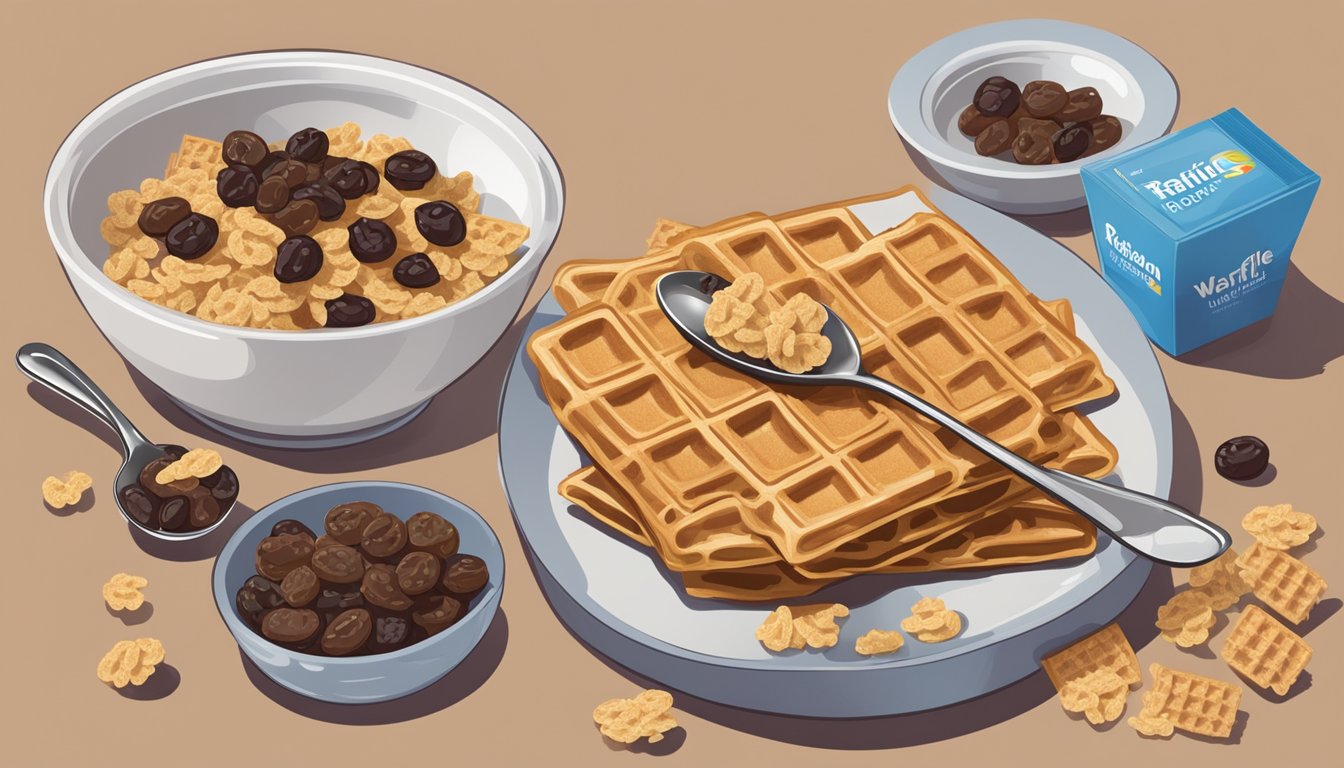 A table with two cereal boxes, one with raisin bran and the other with waffle crisp. A bowl and spoon sit nearby, with a nutrition label and a pile of raisins and waffles