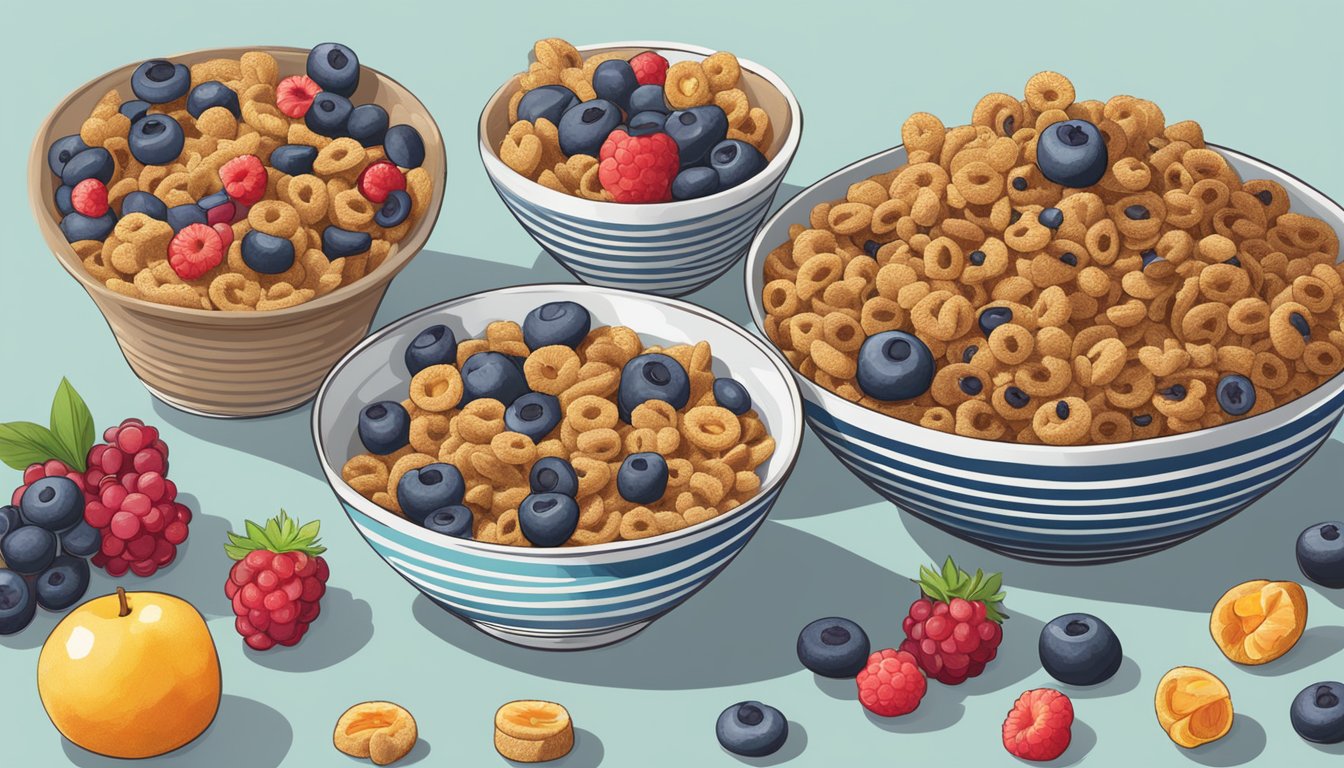 A bowl of Krave cereal next to a bowl of Post Raisin Bran, surrounded by various fruits and measuring cups