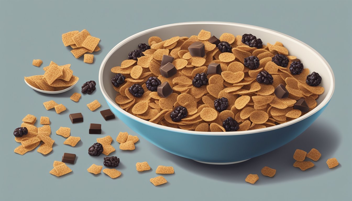 A bowl of Krave cereal surrounded by chocolate pieces and a bowl of Post Raisin Bran with raisins and bran flakes