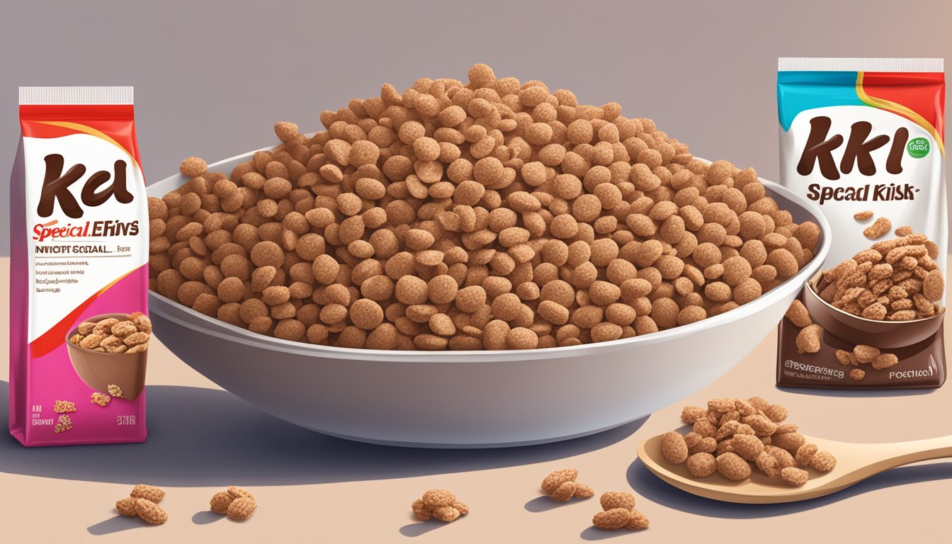 A bowl of Cocoa Krispies and a bowl of Special K next to each other, with a measuring tape and nutrition labels in the background