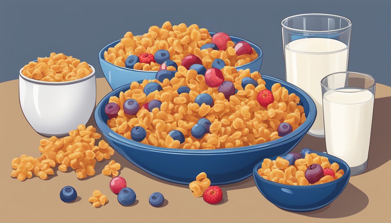 A bowl of Cap'n Crunch and a bowl of Post Grape Nuts Flakes surrounded by various fruits and a glass of milk