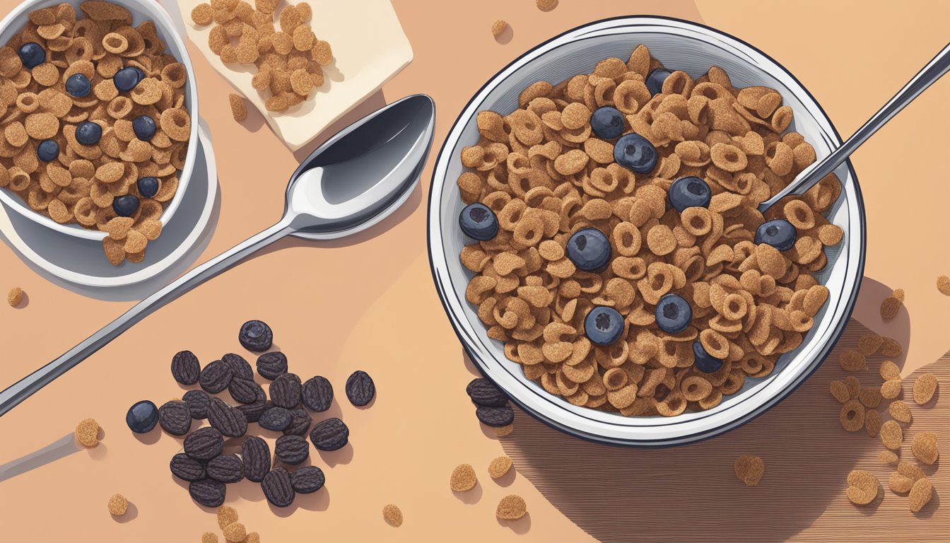 A bowl of Krave cereal next to a bowl of Post Raisin Bran. The Krave cereal has a smooth, chocolatey texture, while the Raisin Bran has a rough, grainy texture. Both bowls are surrounded by various fruits and a glass of milk