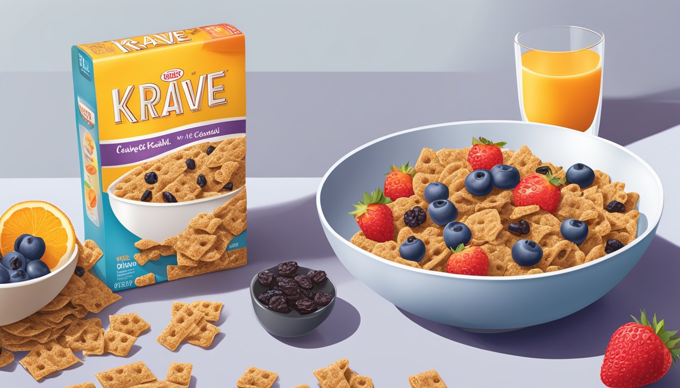 A bowl of Krave cereal next to a bowl of Post Raisin Bran, surrounded by fresh fruit and a glass of milk