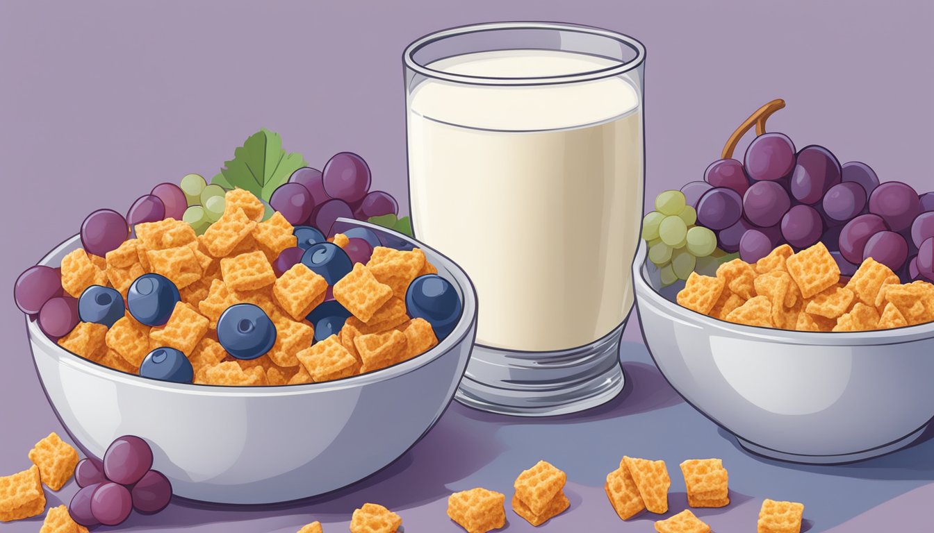 A bowl of Cap'n Crunch and a bowl of Post Grape Nuts Flakes surrounded by various fruits and a glass of milk