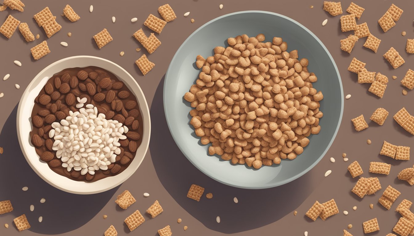 A bowl of Chex and a bowl of Cocoa Krispies side by side, with a nutrition label next to each, surrounded by various whole grains and cocoa pods