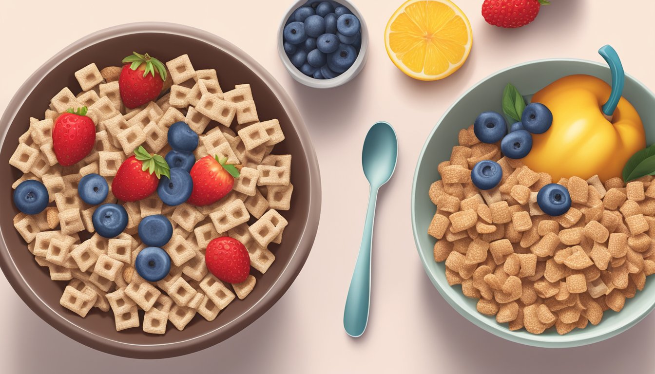 A bowl of Health Impact Chex and Cocoa Krispies side by side with a glass of milk, surrounded by a variety of fresh fruits and a measuring tape