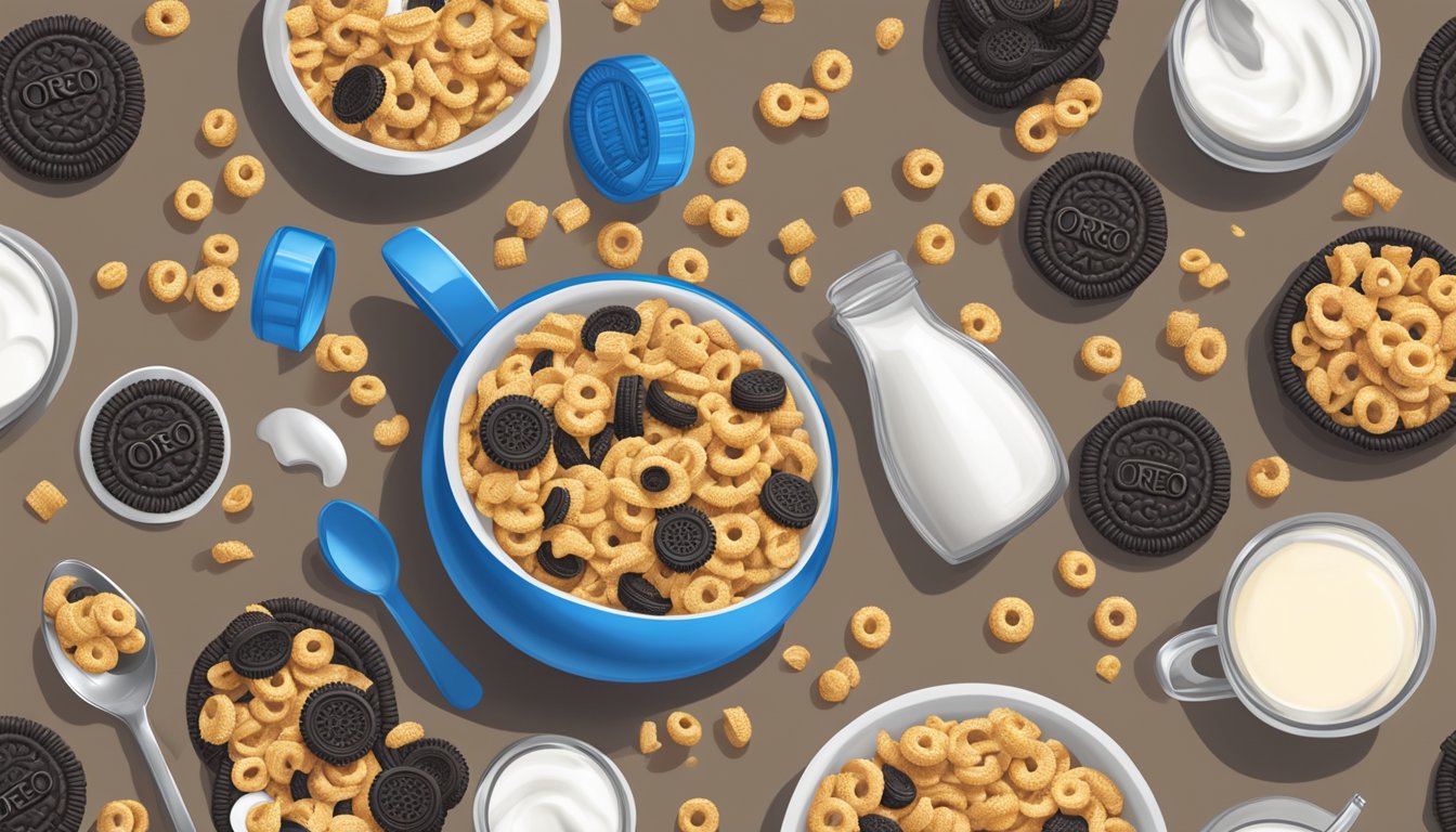 A bowl of Crispix and Oreo O's cereal side by side, surrounded by fresh milk and a spoon