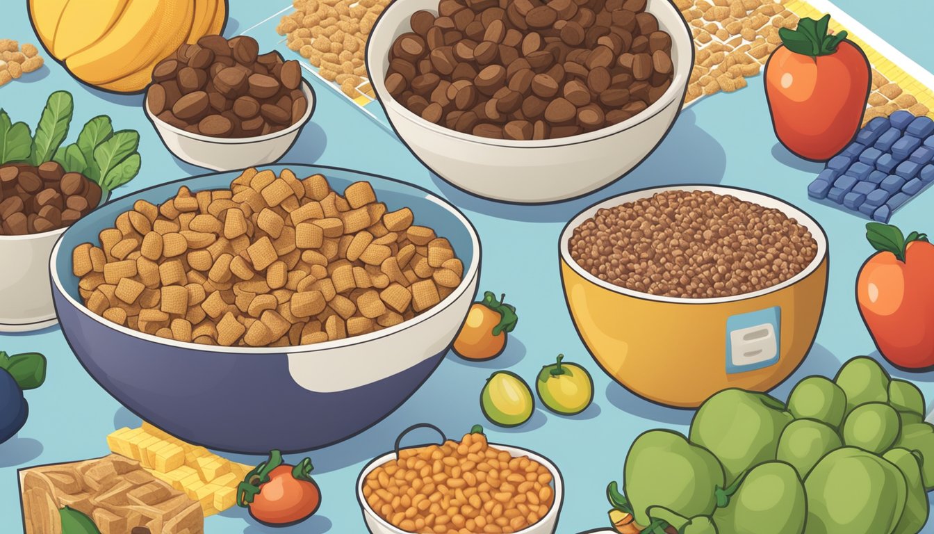 A bowl of Chex and a bowl of Cocoa Krispies surrounded by various fruits and vegetables, with a tape measure and nutrition labels nearby