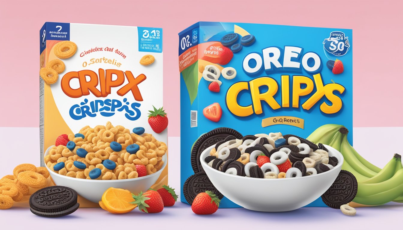 A bowl of Crispix cereal and Oreo O's cereal side by side with a nutrition label next to each, surrounded by various fruits and vegetables