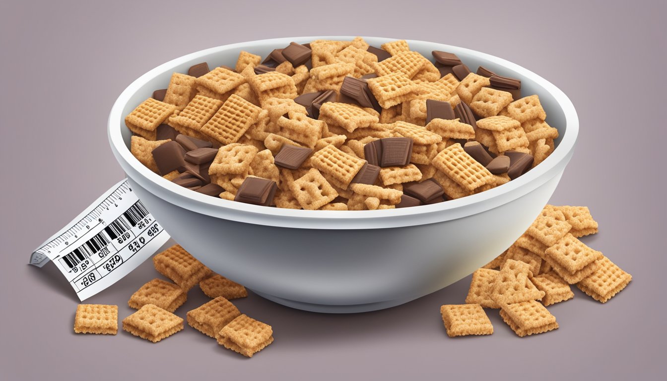 A bowl of Chex and Cocoa Krispies surrounded by nutritional labels and a measuring tape