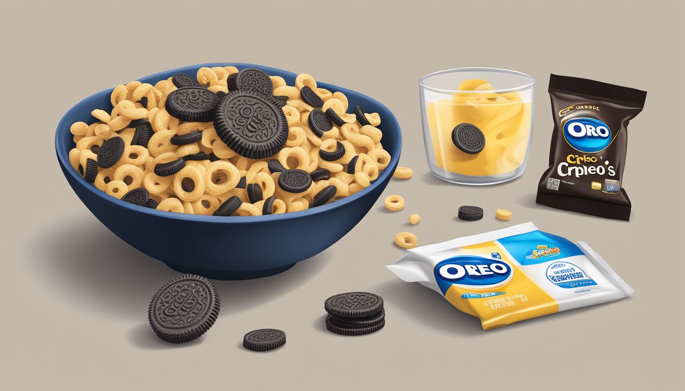 A bowl of Crispix and Oreo O's cereal next to a measuring tape and nutrition labels