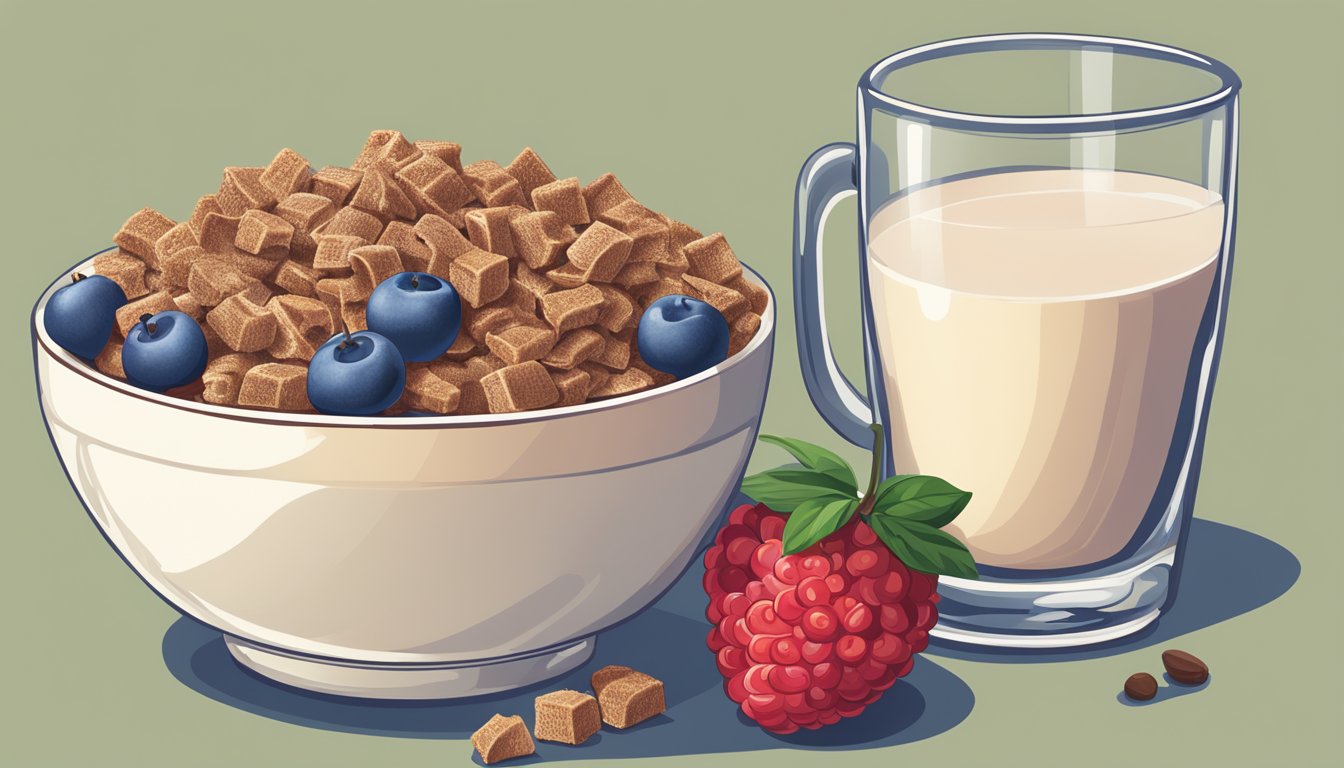 A bowl of Chex and Cocoa Krispies side by side, surrounded by a selection of fresh fruits and a glass of milk