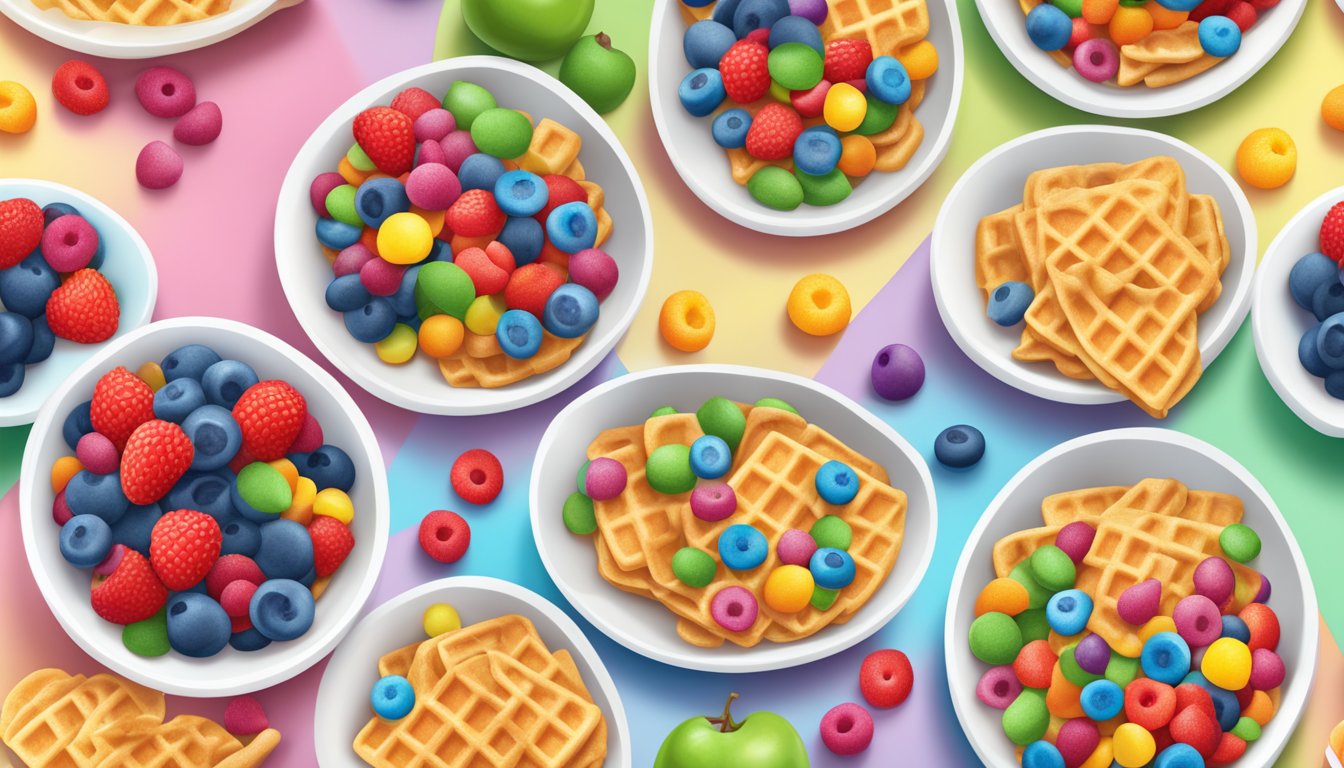 A bowl of Trix and Waffle Crisp cereals side by side, surrounded by a variety of colorful fruits and a glass of milk