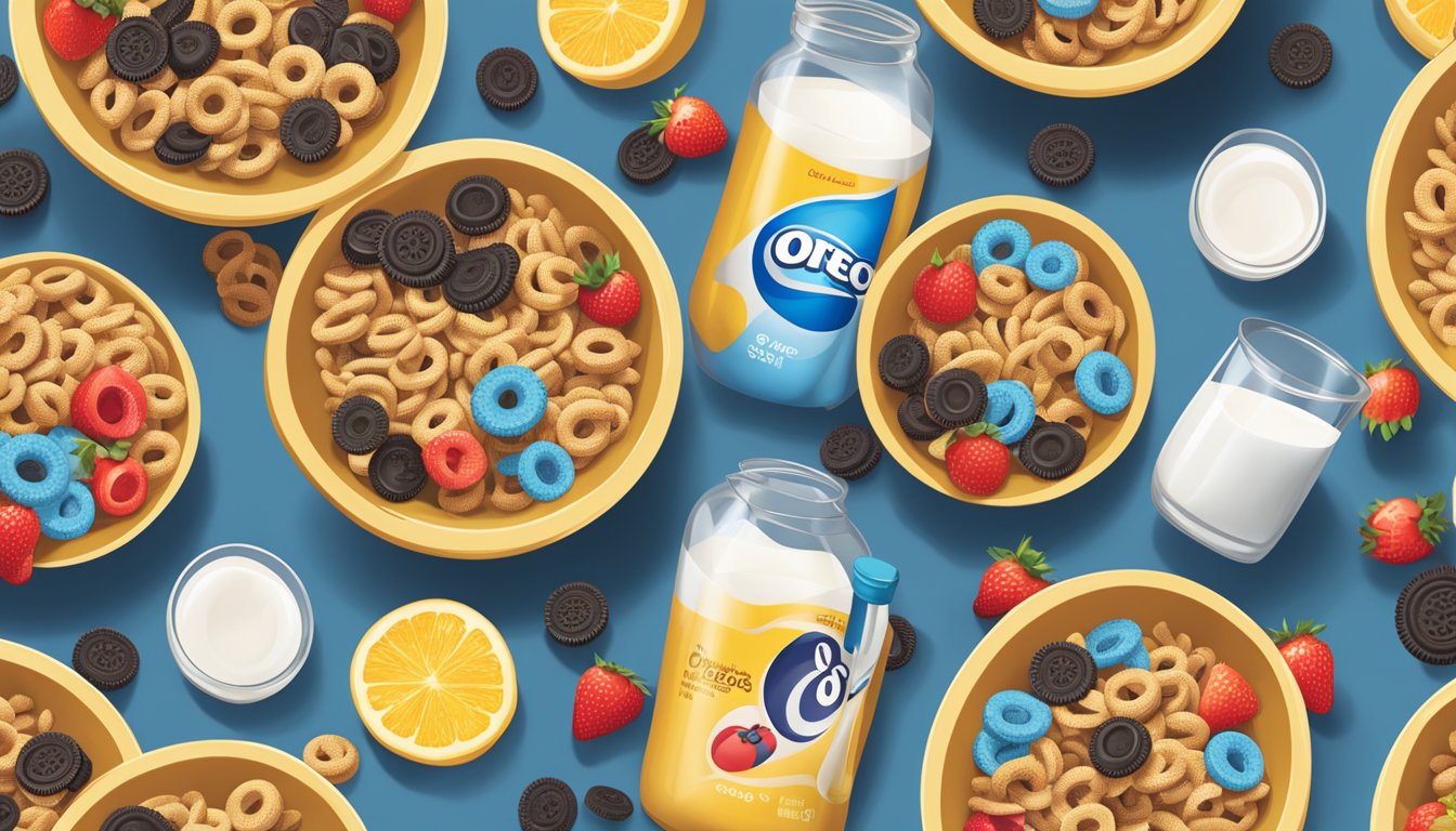 A bowl of Crispix and Oreo O's cereal side by side with a glass of milk, surrounded by a variety of fresh fruits and a measuring tape