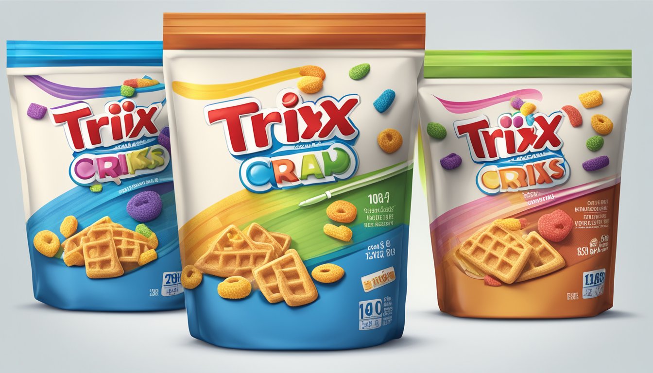 A bowl of Trix and Waffle Crisp cereal next to each other, with a measuring tape wrapped around them. Nutritional labels are visible