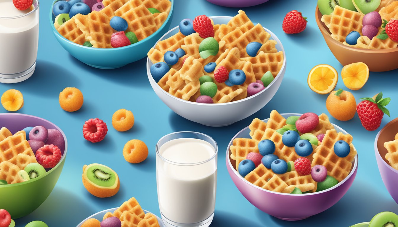 A bowl of Trix and Waffle Crisp cereal side by side, surrounded by a variety of fresh fruits and a glass of milk