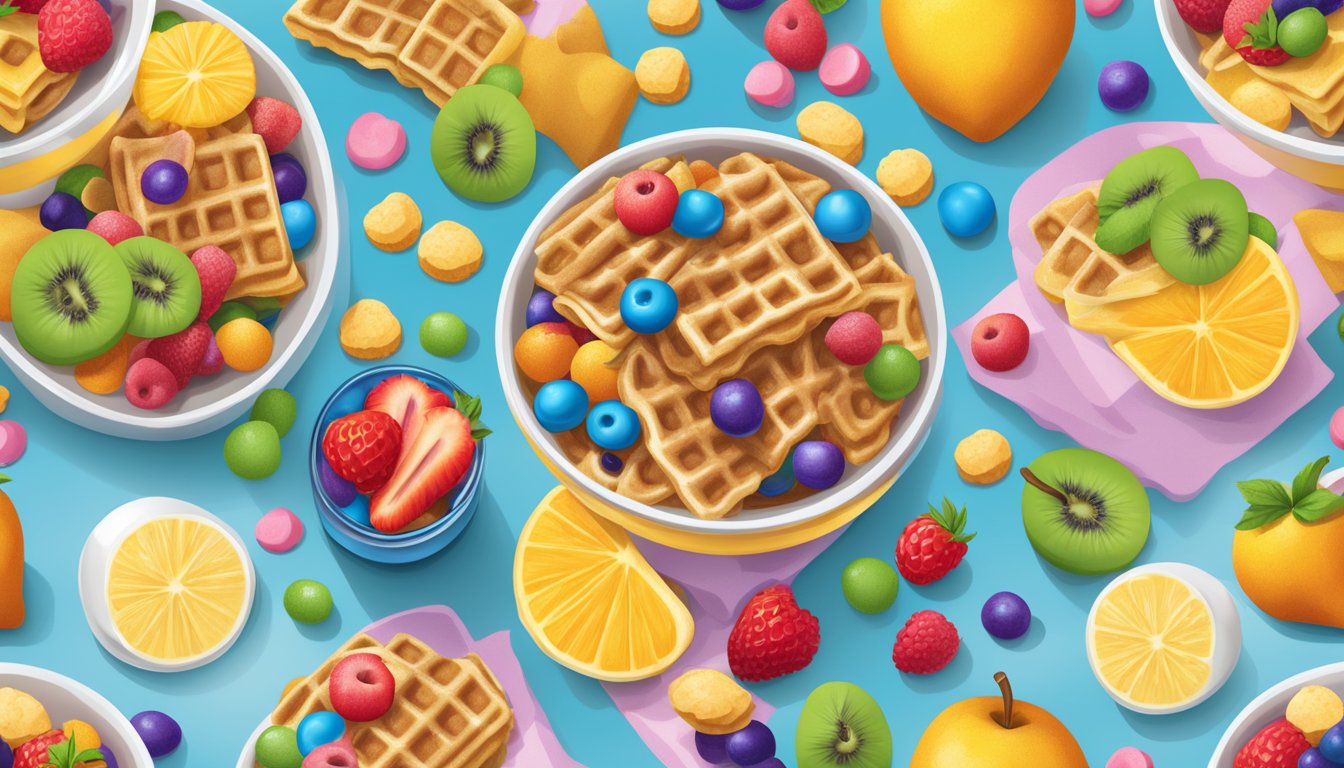 A bowl of Trix and Waffle Crisp cereal side by side, surrounded by various fruits and a glass of milk