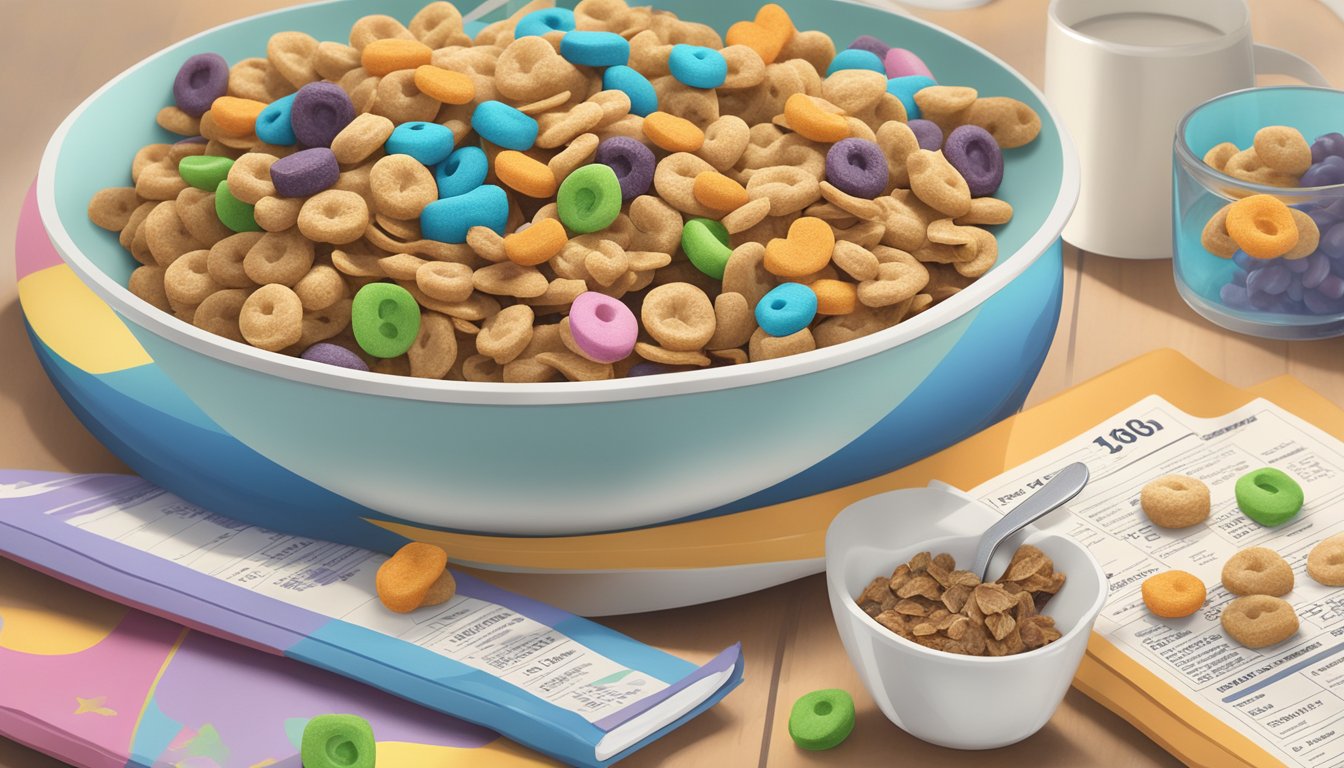 A bowl of Lucky Charms and a bowl of Post Raisin Bran cereal on a table, surrounded by nutritional information and health-related imagery