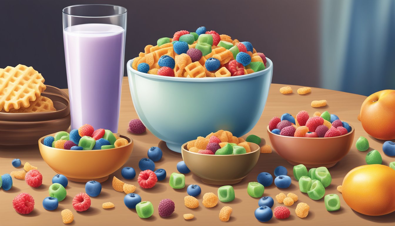 A bowl of Trix and Waffle Crisp cereal sit side by side on a kitchen table, surrounded by a variety of fresh fruits and a glass of milk