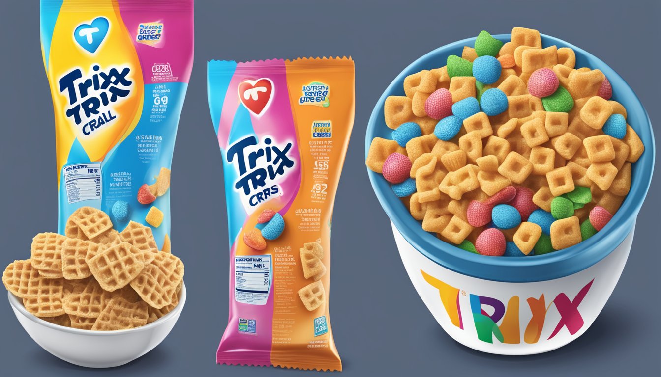 A bowl of Trix cereal and a bowl of Waffle Crisp cereal with nutritional labels and serving sizes displayed next to each other for comparison