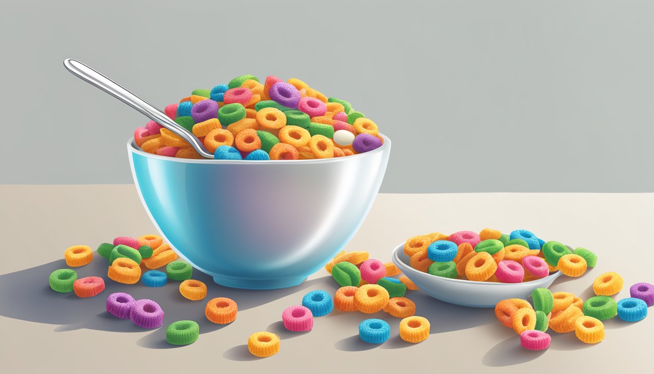 A bowl of Trix and Waffle Crisp cereal side by side, with a glass of milk and a spoon next to them