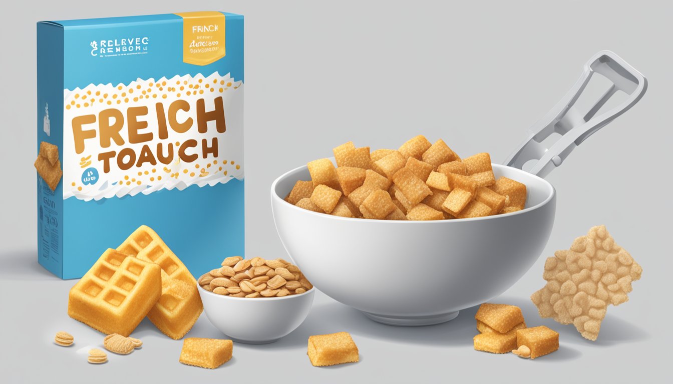 A bowl of French Toast Crunch and Honeycomb cereal side by side, with a measuring tape and nutrition labels next to them for comparison